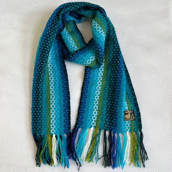 Alpaca Scarf Blue Green Striped Fringe Rectangle Woven Lightweight 8" x 58" - Picture 2 of 4
